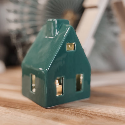 Label2X Kerstmis Aardewerk huisje met lampje groen Aardewerk huisje met lampje groen woonaccessoires homedecoratie