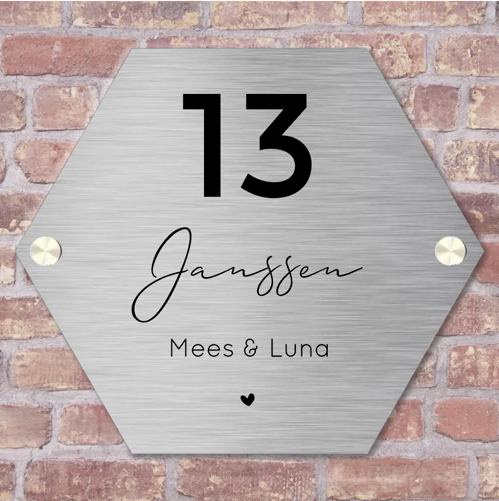 Label2X Naambordjes hexagon Naambordje voordeur hexagon rvs-look Naambordje voordeur hexagon rvs-look woonaccessoires homedecoratie