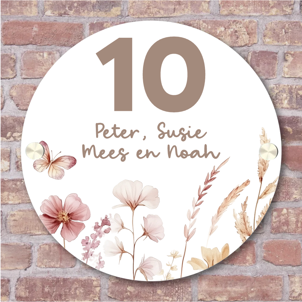 Label2X Naambordje rond Naambordje voordeur rond wildflower Naambordje voordeur rond wildflower woonaccessoires homedecoratie