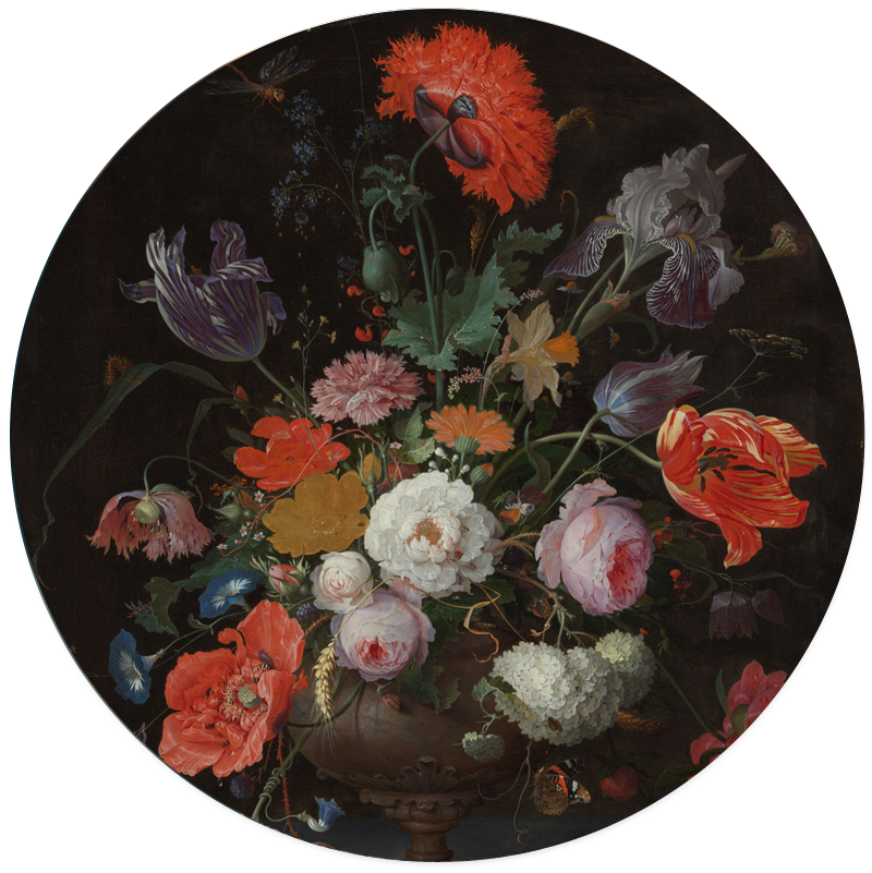 Label2X Muurcirkel Muurcirkel stilleven met bloemen en een horloge, Abraham Mignon woonaccessoires homedecoratie