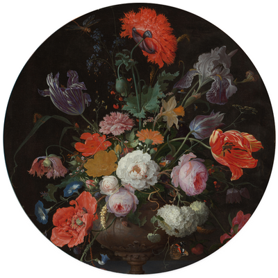 Label2X Muurcirkel Muurcirkel stilleven met bloemen en een horloge, Abraham Mignon woonaccessoires homedecoratie