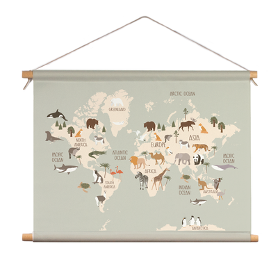 Label2X Textielposter Textielposter animal world map TPK-018 woonaccessoires homedecoratie